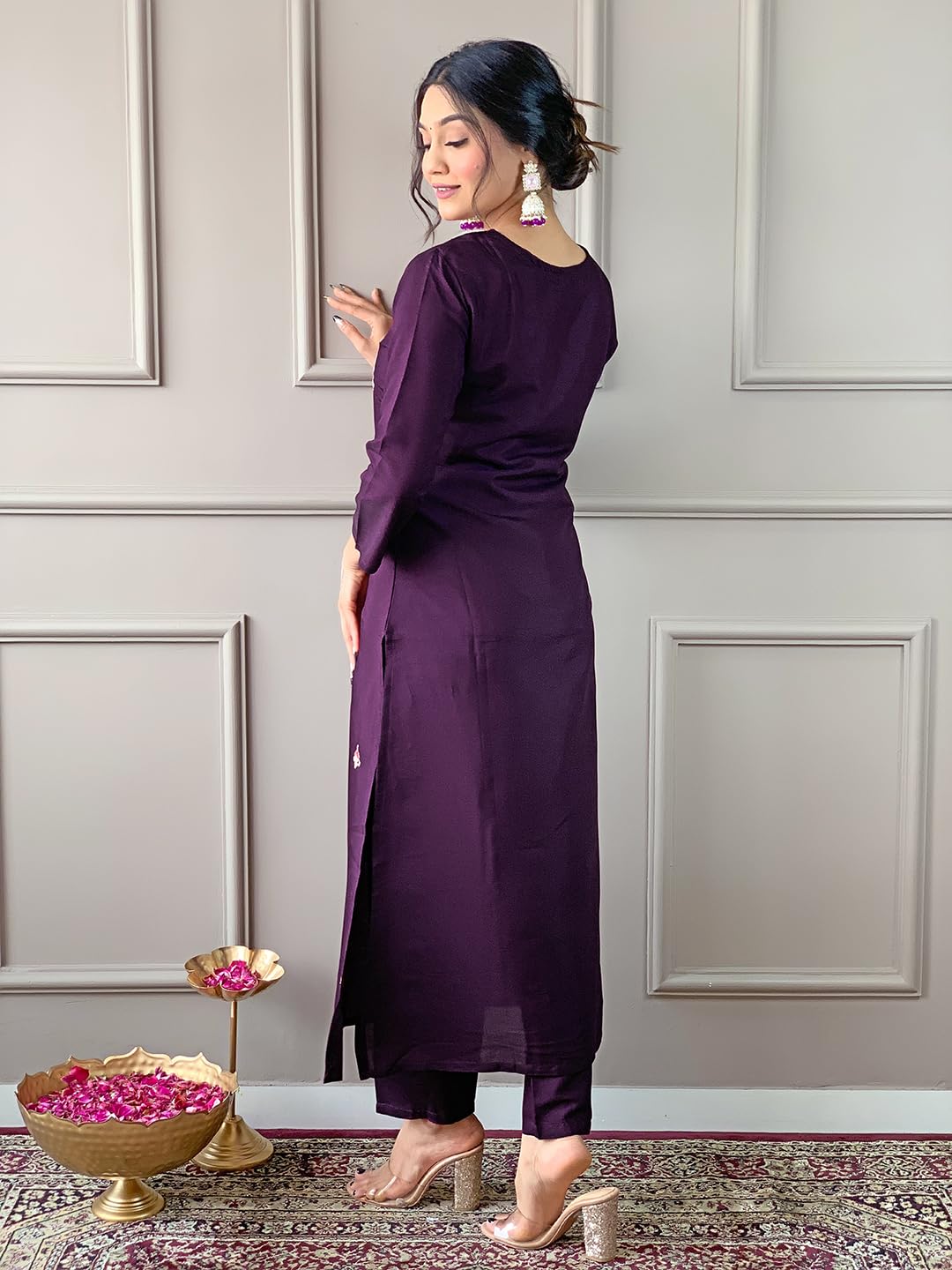 Naixa Womens Wine Rayon Blend Embroidered and Printed Straight Kurta with Rayon Blend Pant and Organza Printed Dupatta Sets (NX