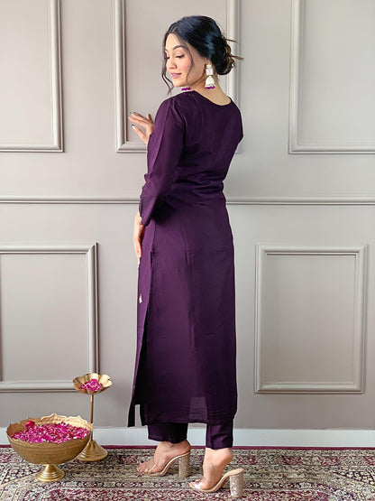 Naixa Womens Wine Rayon Blend Embroidered and Printed Straight Kurta with Rayon Blend Pant and Organza Printed Dupatta Sets (NX