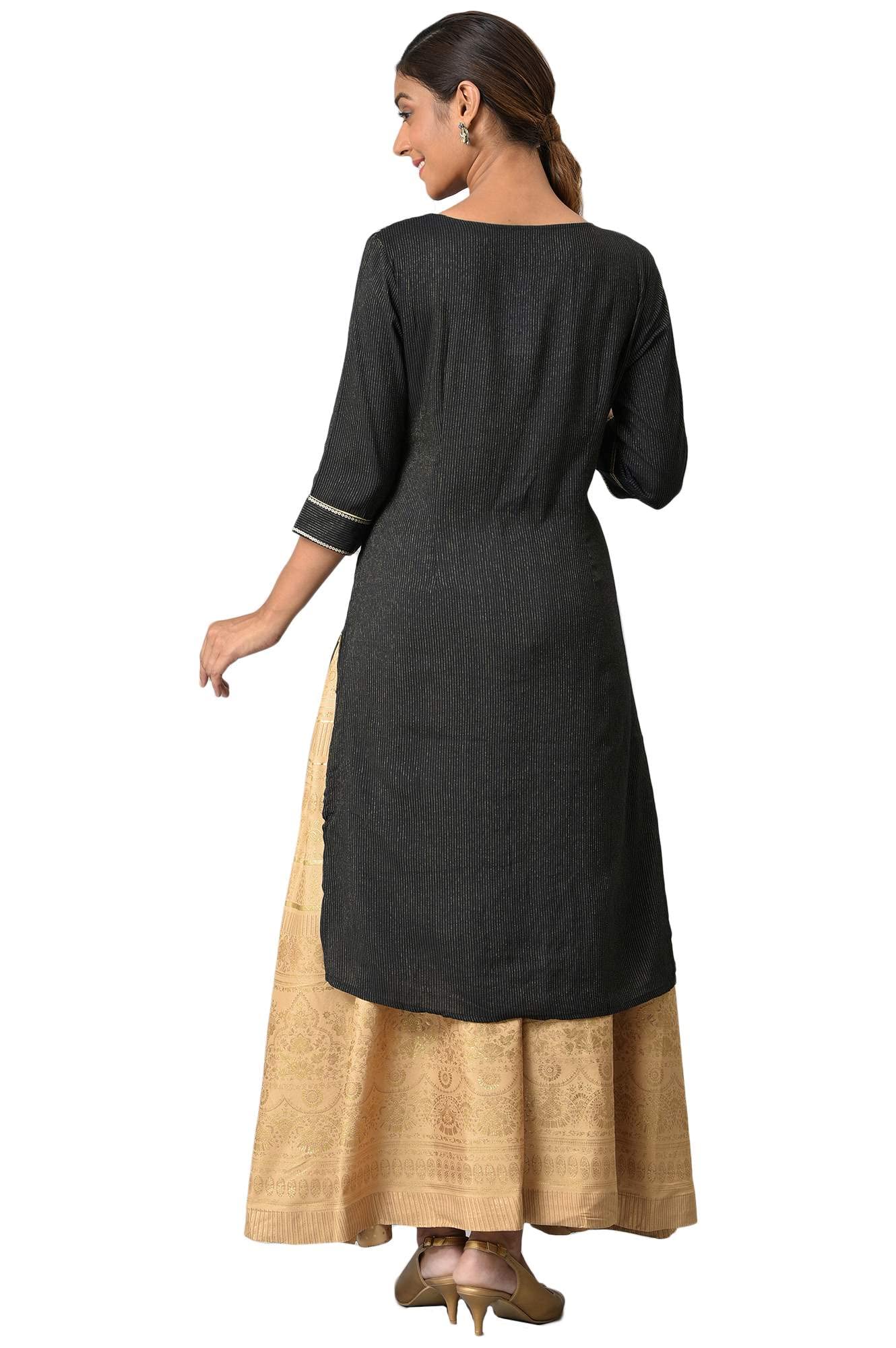 Aurelia Women Black Viscose Blend Geometric Yarn Dyed Straight Kurta