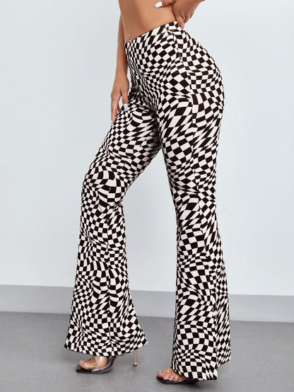 AVANOVA Womens & Girls Black Checkered Print Dress Pants Stretchy Work Slacks Business Casual Office Bell-Bottom/Boot-Cut Elast