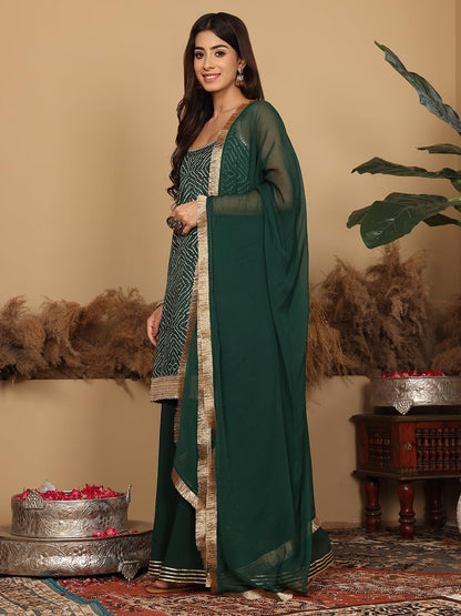 Varanga Womens Green Bandhini Printed Kurta Paired With Sharara And Dupatta