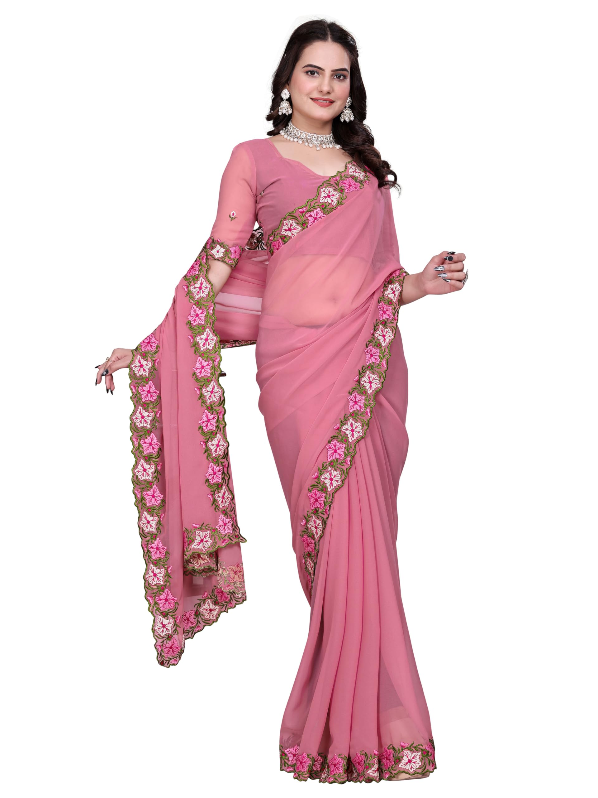 Suketa WomenS Soft Georgette Saree With Floral Printed Border Unstitched Blouse Piece Solid Pattern | Saree For Woman Daily Wear