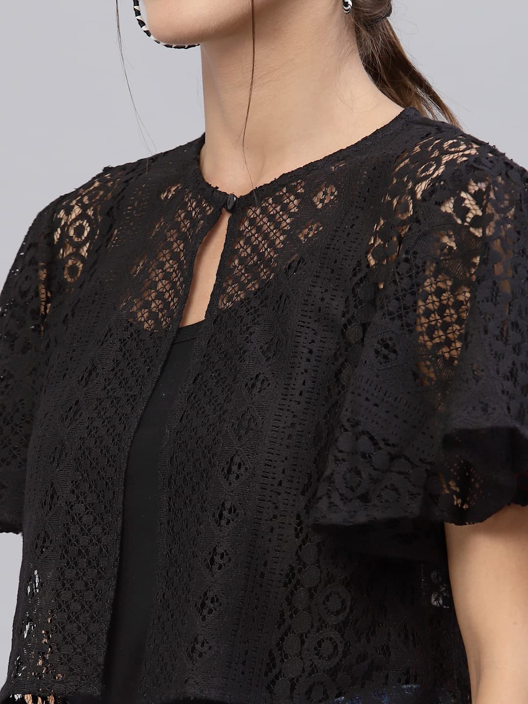 Style Quotient Women Black Self Design Lace Open Front Smart Casual Shrug