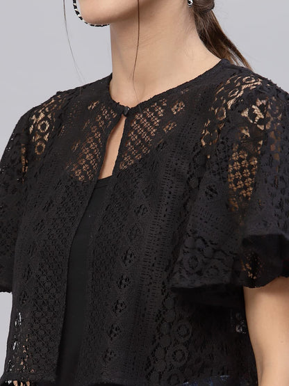 Style Quotient Women Black Self Design Lace Open Front Smart Casual Shrug