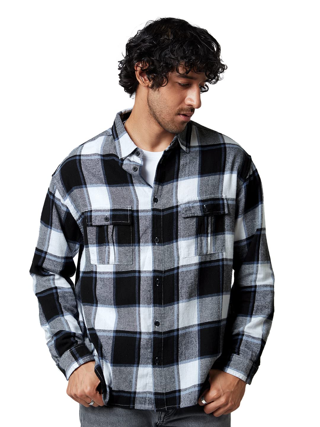 The Souled Store|Plaid: Grey White Mens and Boys Shirts|Full Sleeve|Regular fit Solid |100% Cotton Grey White Color Men Utility