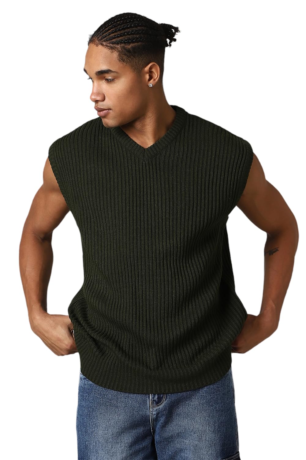 Hubberholme Men Acrylic Knitted Relaxed Fit Round Neck Sleeveless Sweaters 12 Green
