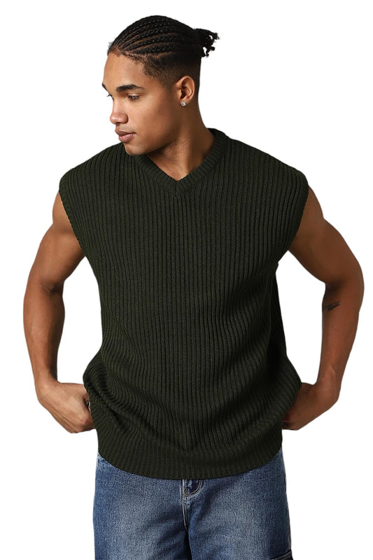 Hubberholme Men Acrylic Knitted Relaxed Fit Round Neck Sleeveless Sweaters 12 Green
