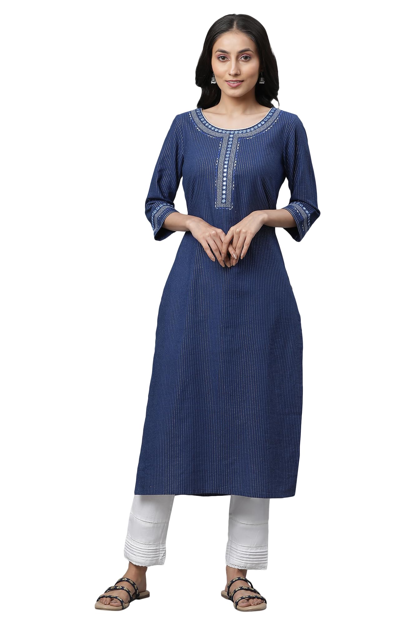 Aurelia Women'S Blue Stripes Yarn Dyed Yarn Dyed Lurex Straight Kurta_23Aua14423-704549_S