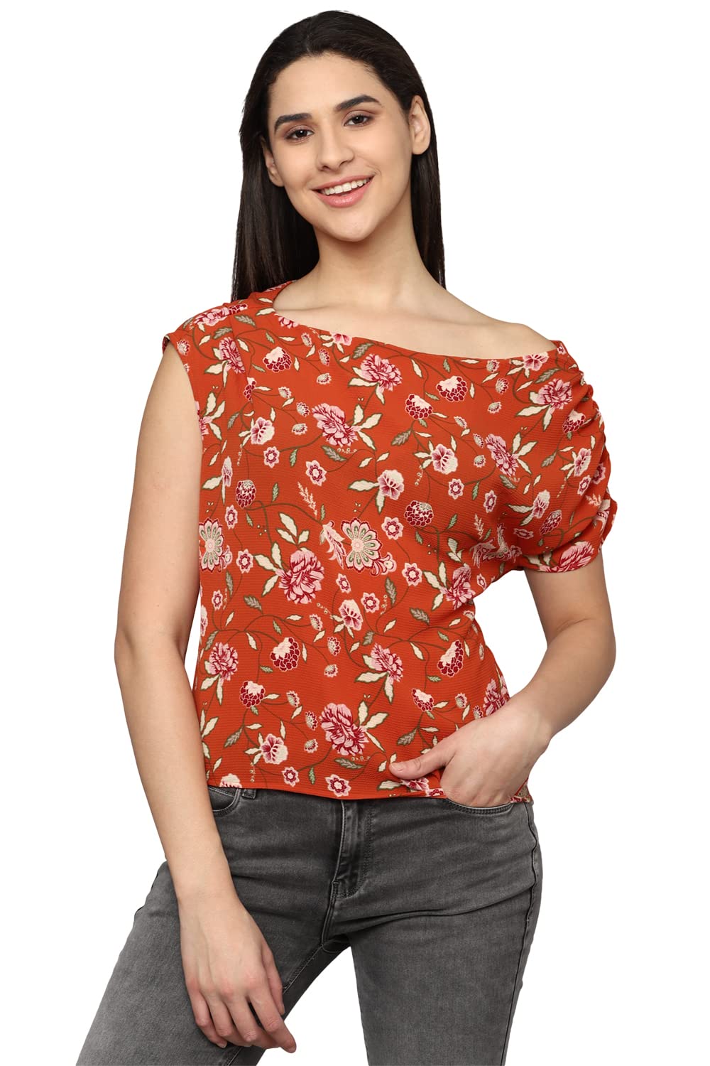 Allen Solly Women Regular Fit Printed Casual Polyester Short Sleeve Jeans
