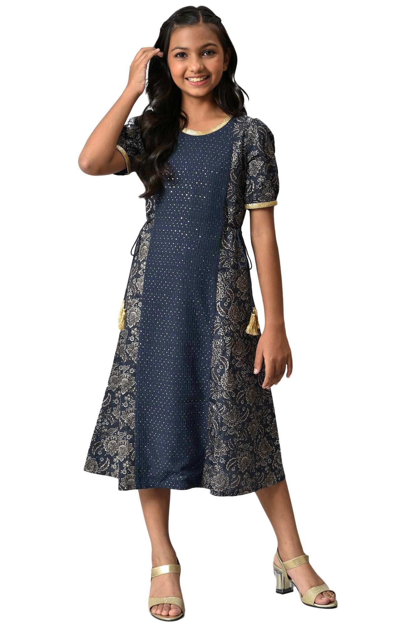 Aurelia GirlS Dark Blue Floral Printed Dress_22Aug10215C-604504_14-15