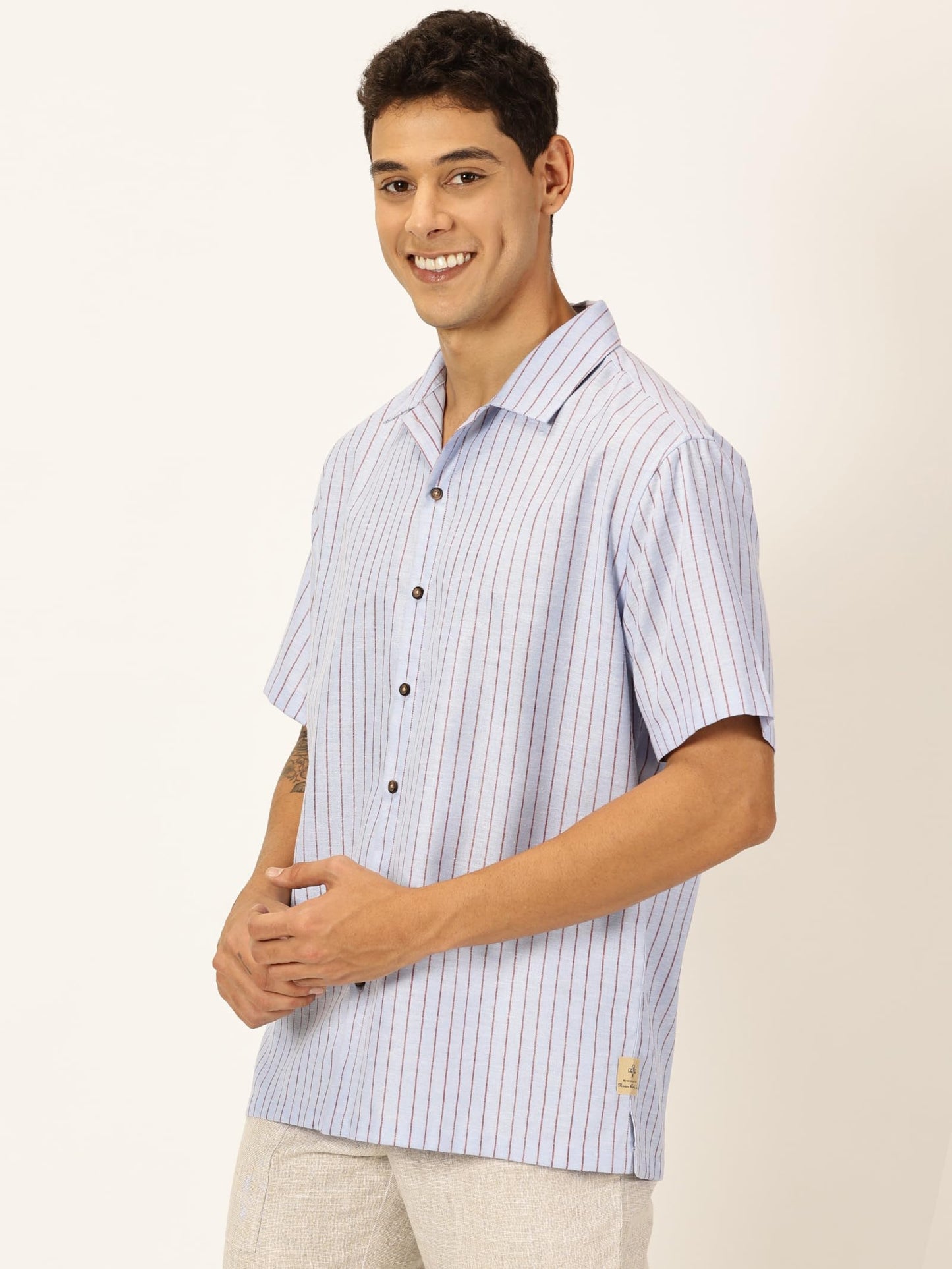 Thomas Scott Premium Linen Blend Half Sleeves Spread Collar Striped Casual Shirt for Mens Light Blue