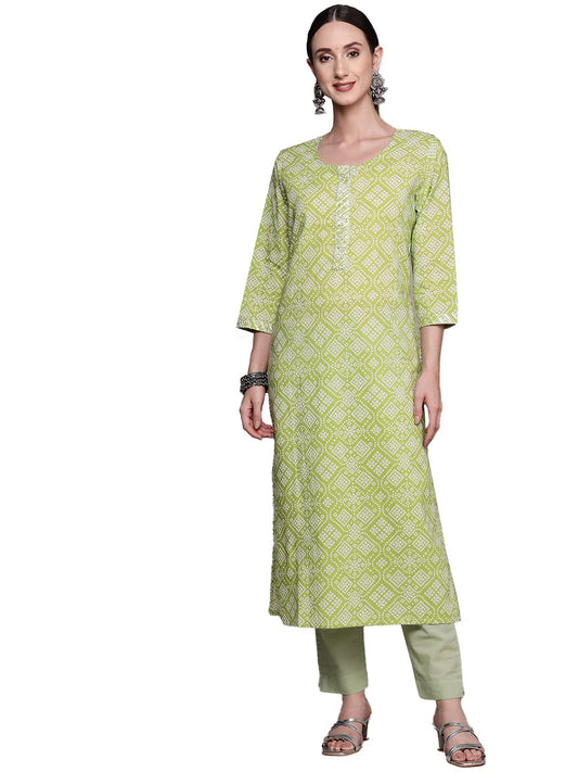 ishin Women's Cotton Blend Green Bandhani Printed A-Line Kurta