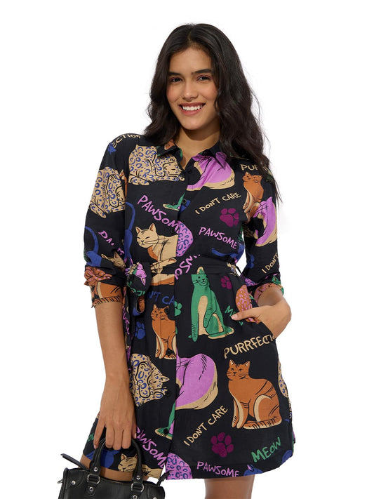 The Souled Store Bad Kitty Women And Girls Long Sleeves Collared Neck Button Front Viscose Blend All Over Printed Shirt Dresses