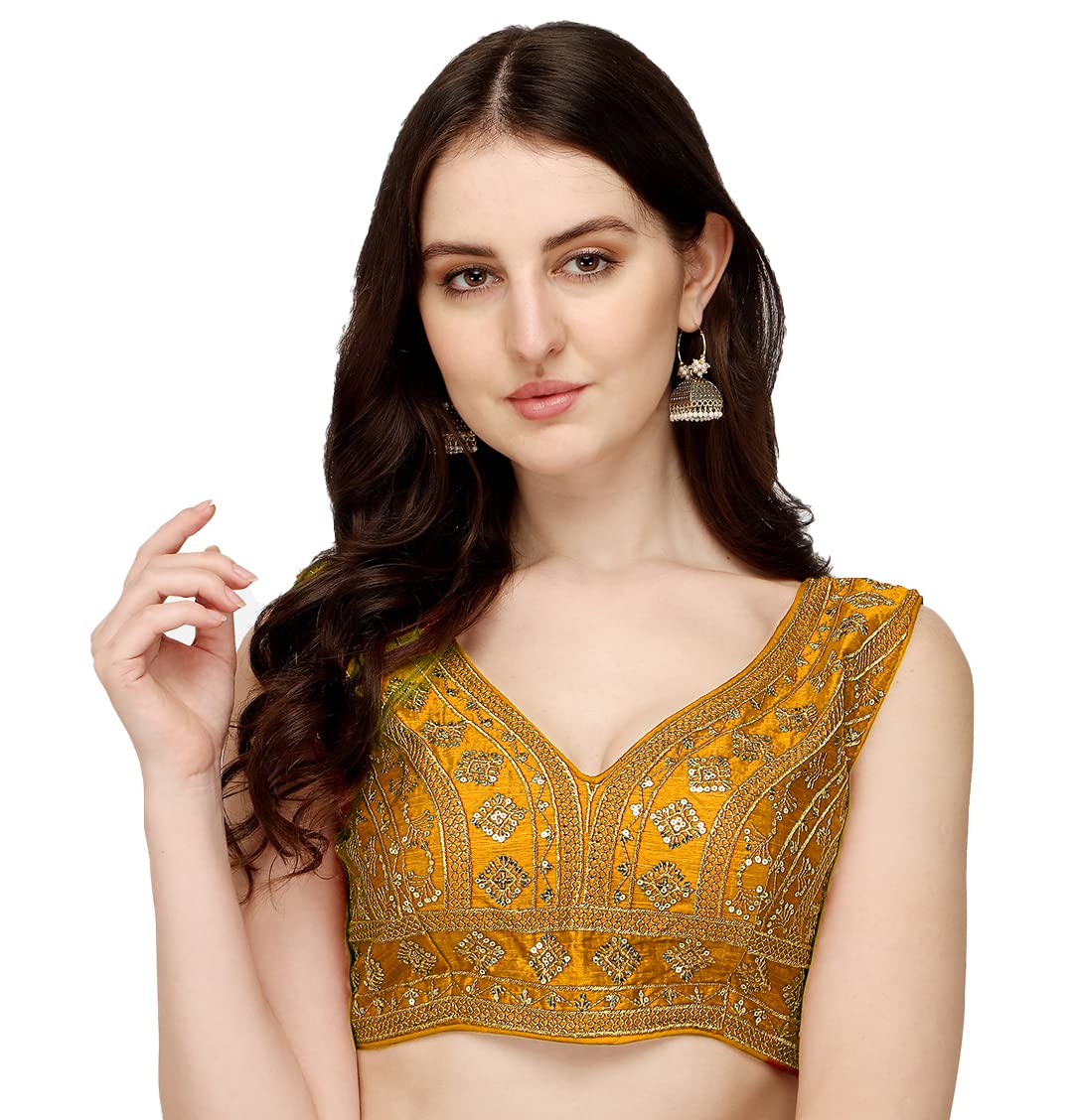 Vihu Fashion WomenS Silk Embroidery Sequins Zari Work Readymade Saree Blouse