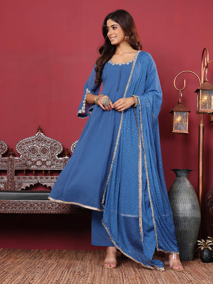 Varanga Women Round Neck Embroidered Anarkali With Tonal Bottom And Dupatta.