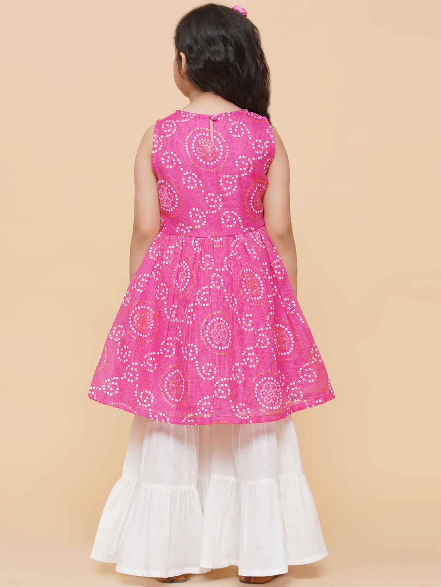 Naixa Girls Pink Rayon Round Neck Sleeveless Flared-Fit Floral Printed Kurta And Sharara With Dupatta Set | Traditional Printed