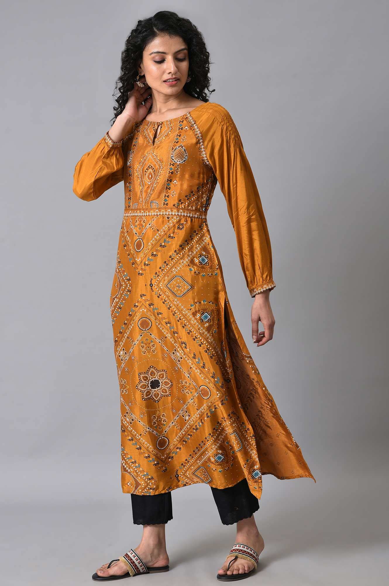 W For Woman Dark Yellow Ethnic Motif Long Kurta With Coins