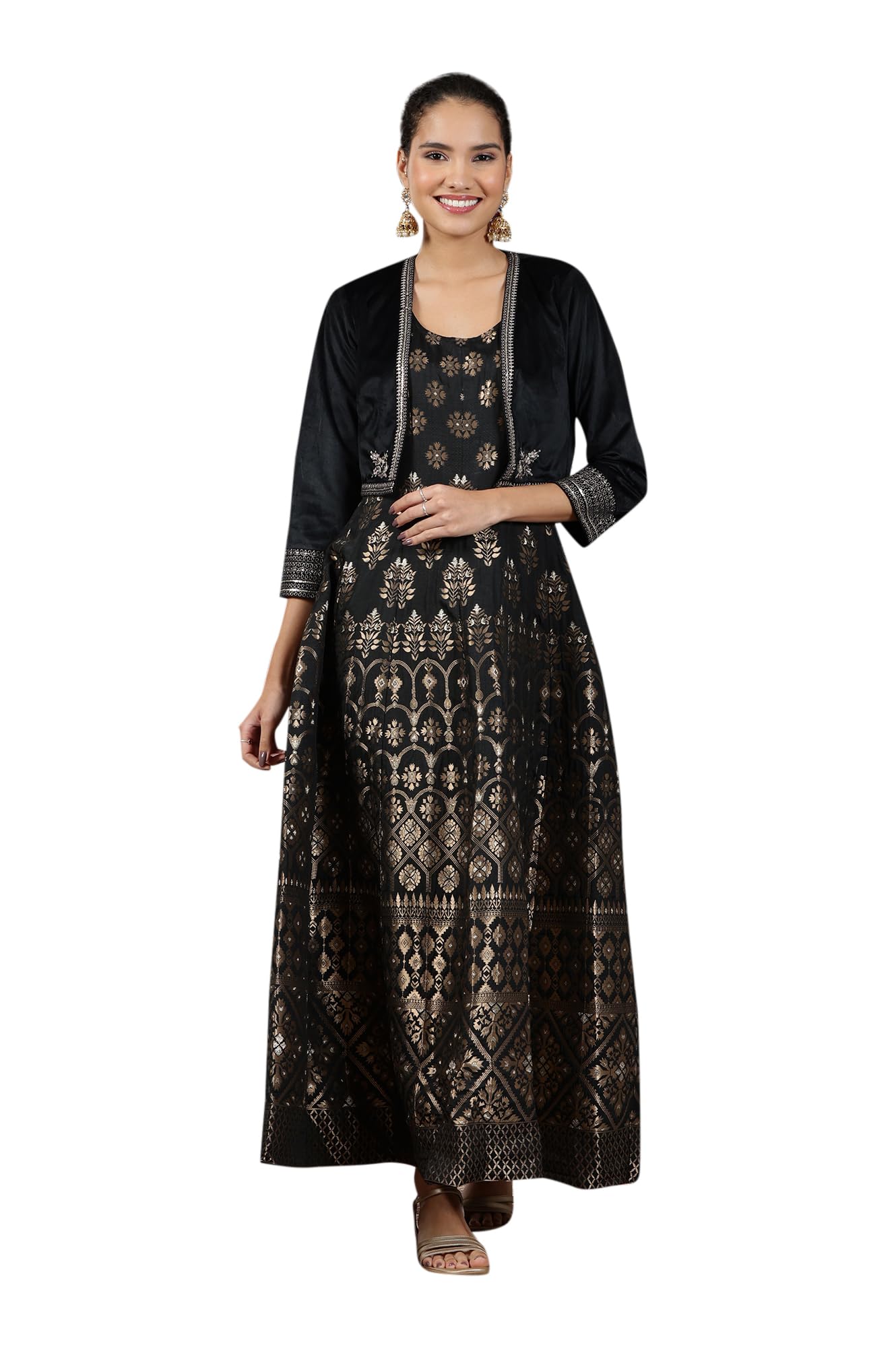 Aurelia Women's Black Yarn-Dyed Sleeveless Anarkali Dress and Embroidered Short Jacket Set