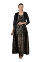 Aurelia Women's Black Yarn-Dyed Sleeveless Anarkali Dress and Embroidered Short Jacket Set