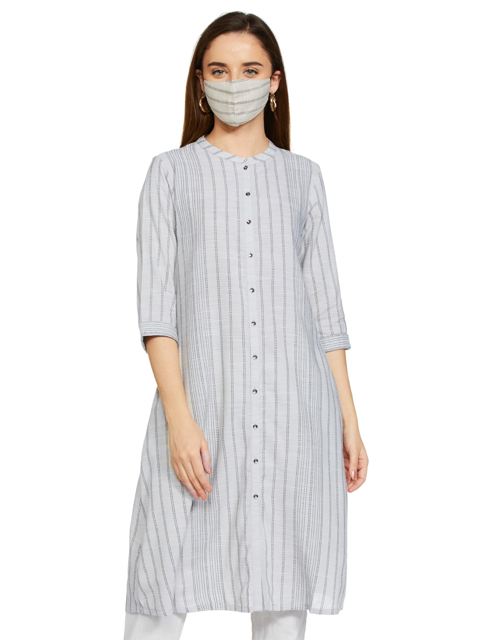 W for Woman Ecru Button Down Printed Kurta