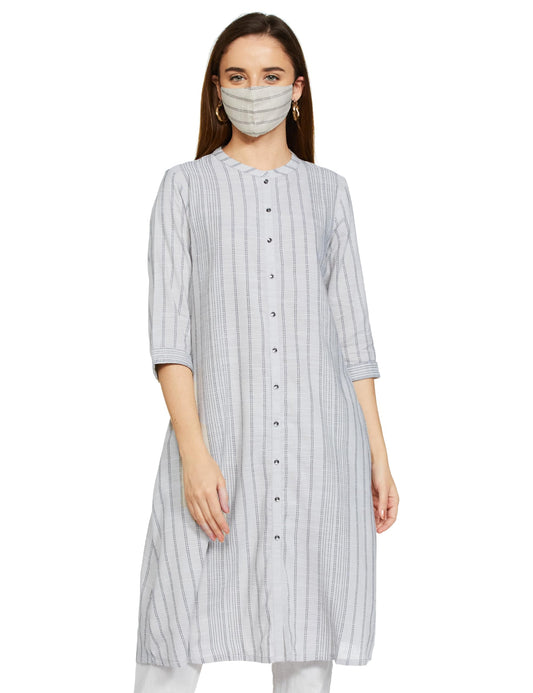 W for Woman Ecru Button Down Printed Kurta