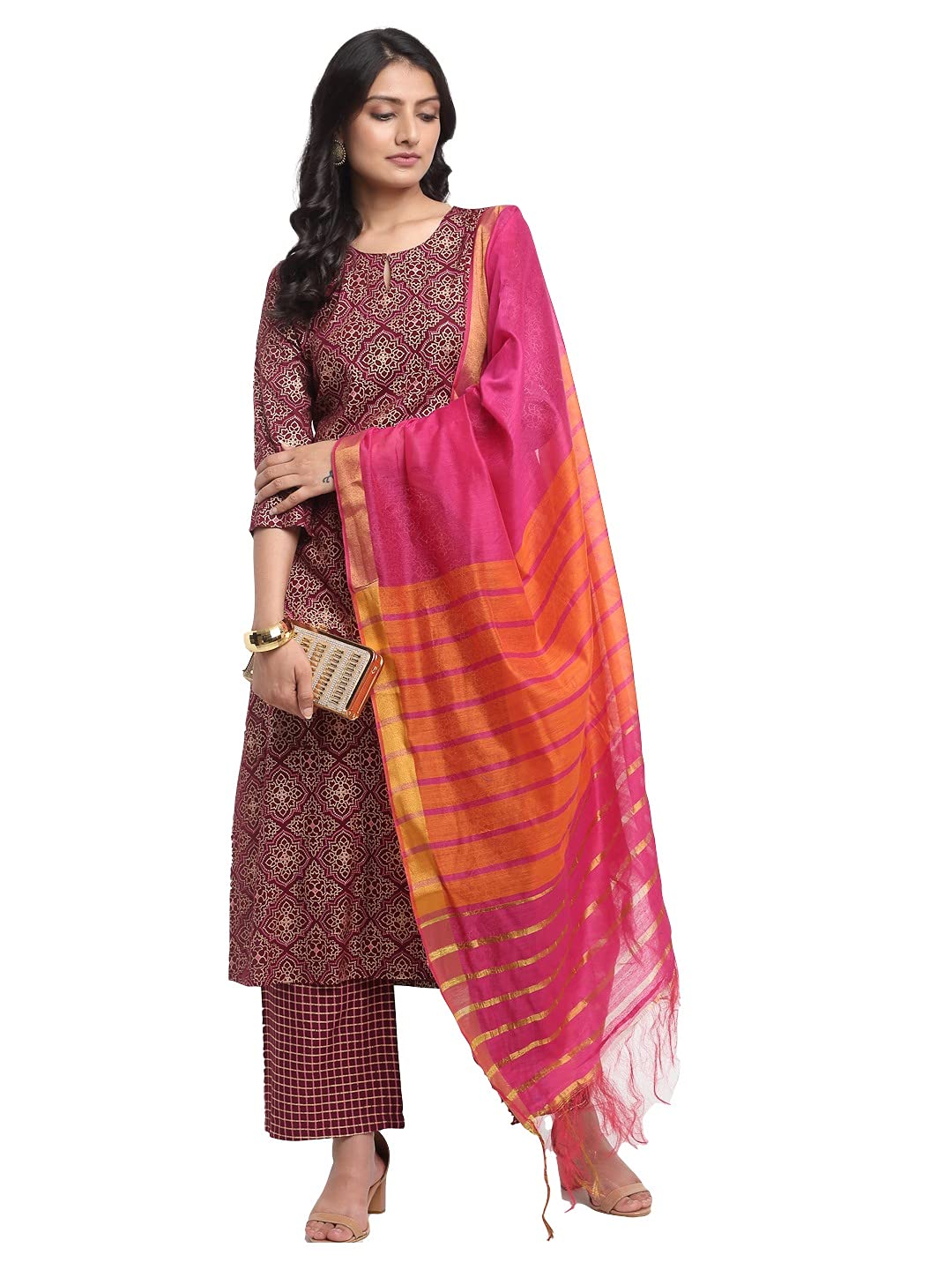 ANNI DESIGNER Womens Rayon Cotton Foil Printed Straight Kurta with Palazzo & Dupatta (KSHI Brown_XL_Brown_X-Large)