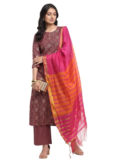ANNI DESIGNER Womens Rayon Cotton Foil Printed Straight Kurta with Palazzo & Dupatta (KSHI Brown_XL_Brown_X-Large)
