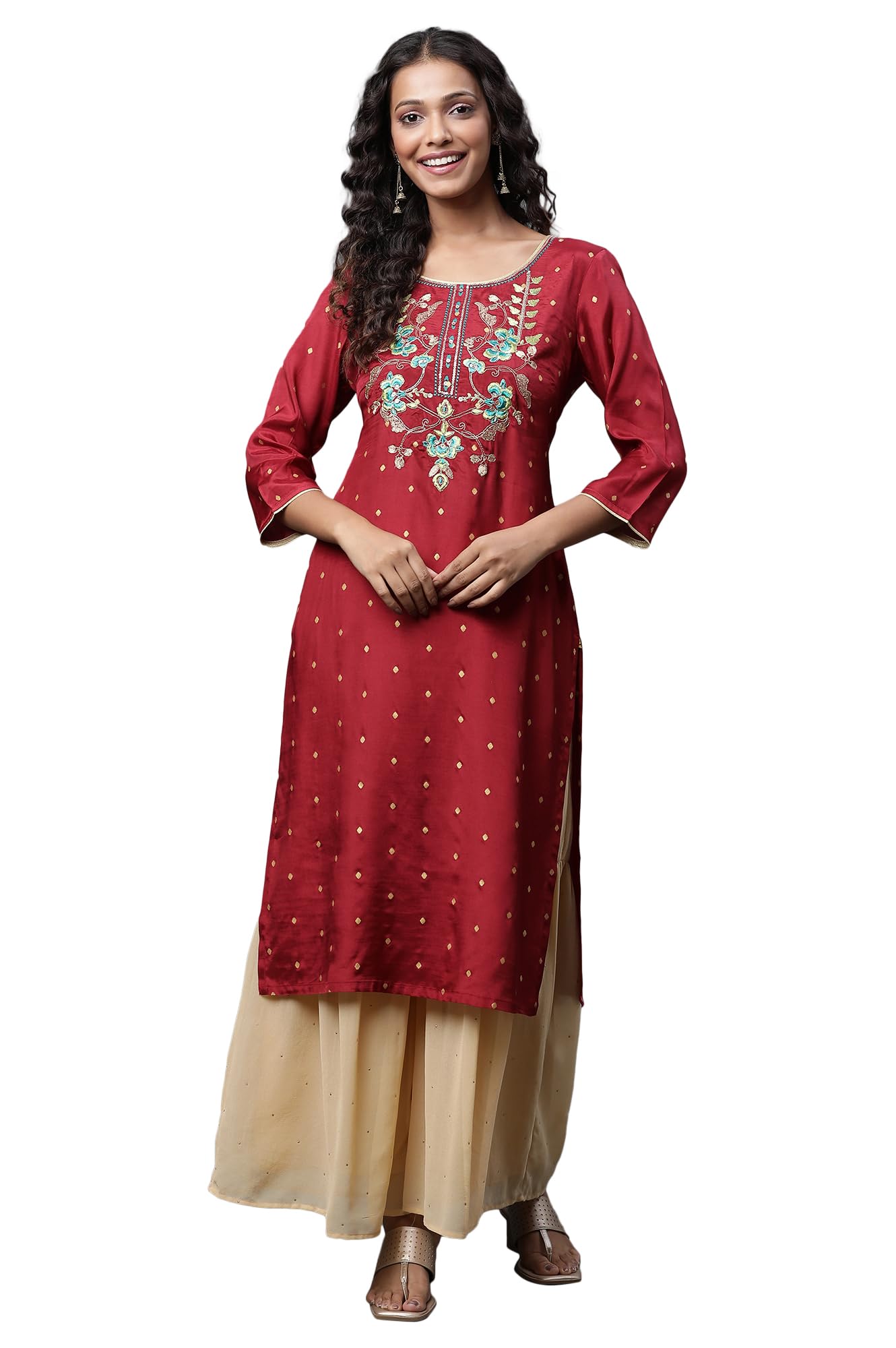 Aurelia Red Embroidered Straight Long Kurta