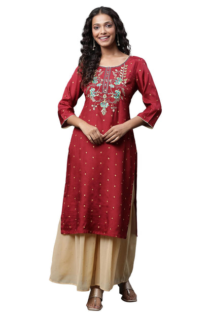 Aurelia Red Embroidered Straight Long Kurta