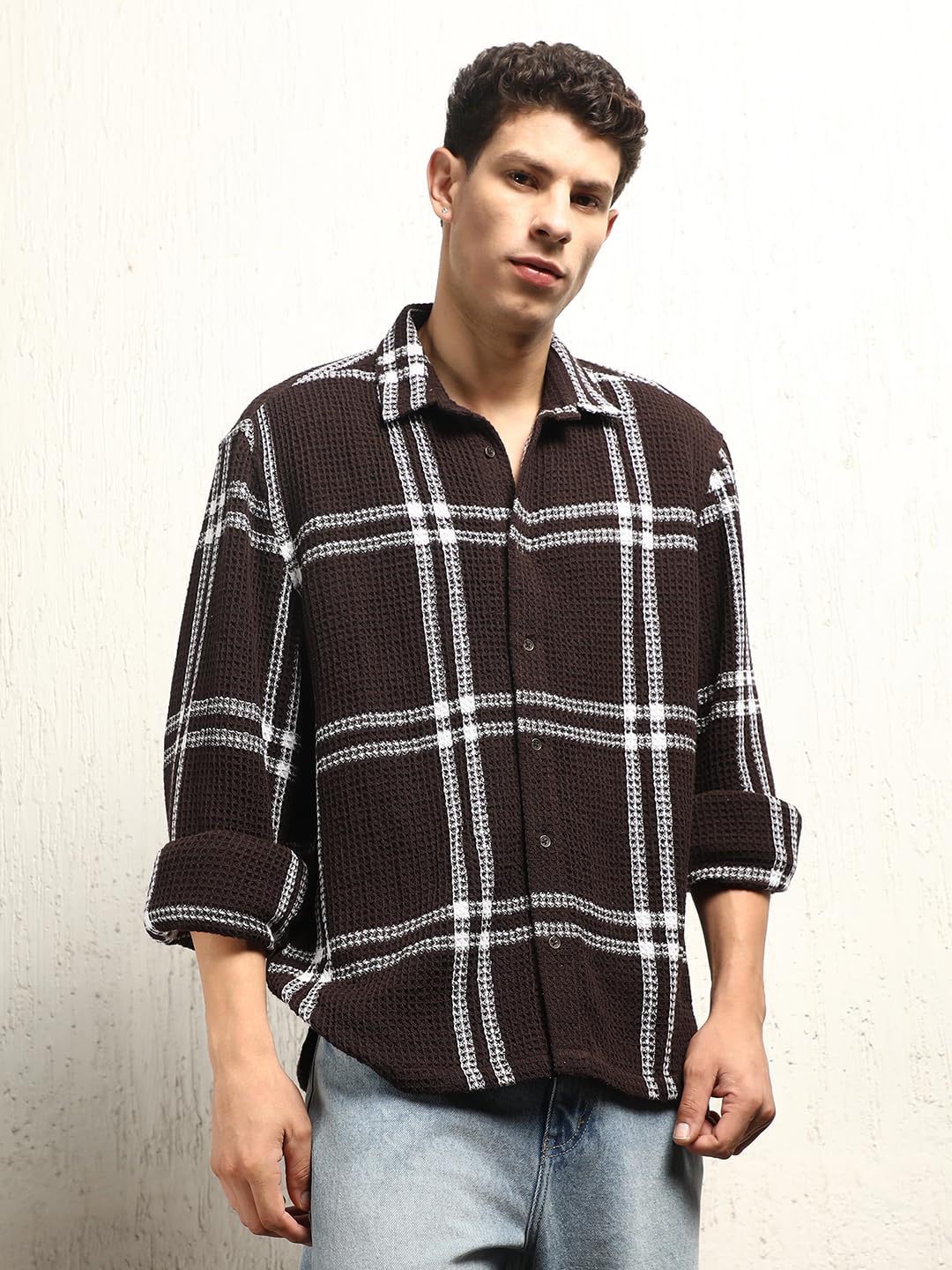 Hubberholme Men Summer Cotton Spread Collar Long Sleeves Oversized Casual Shirt 29 Brown