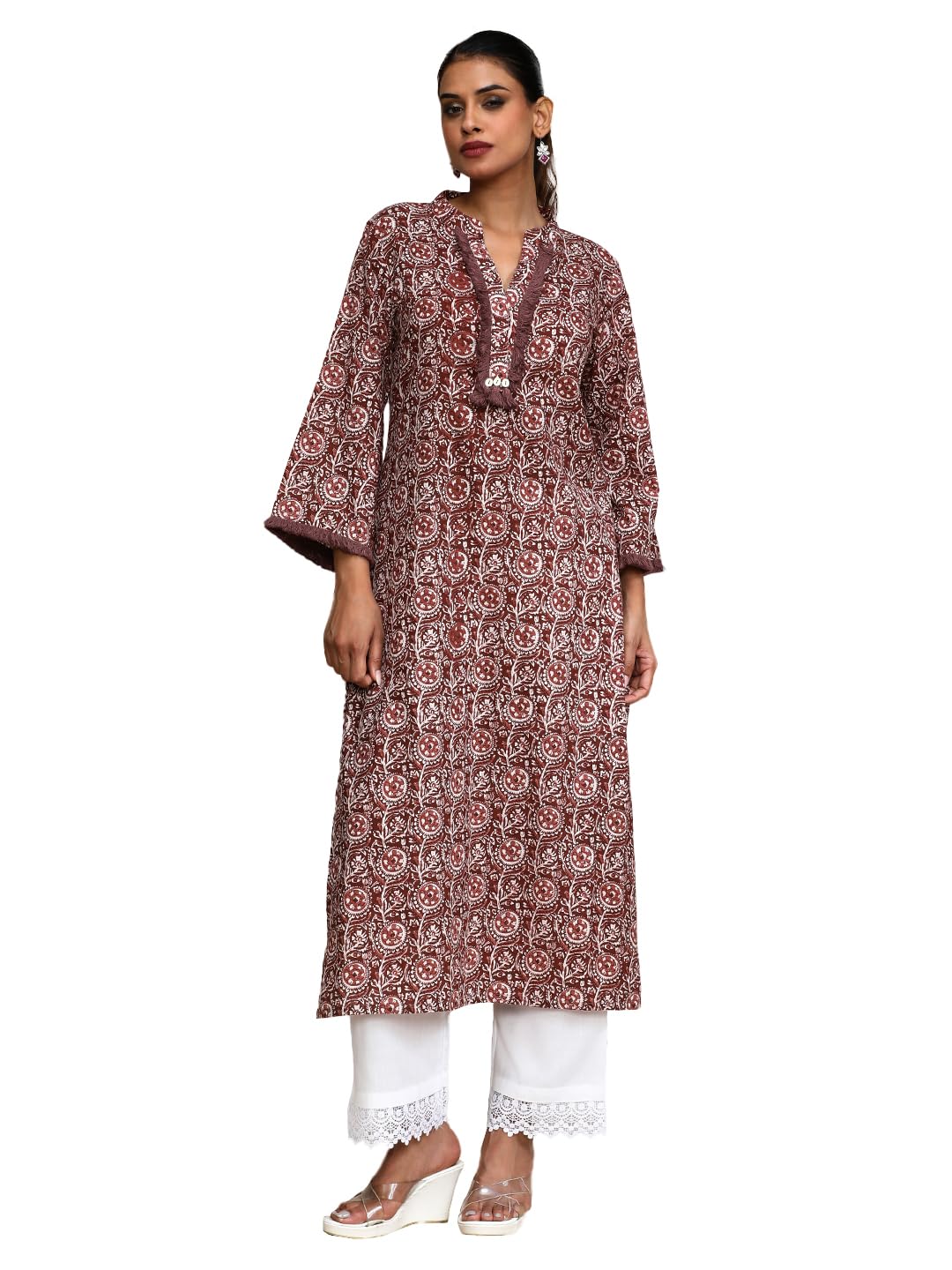 Varanga Women Ethnic Floral Printed Straight Kurta Brown