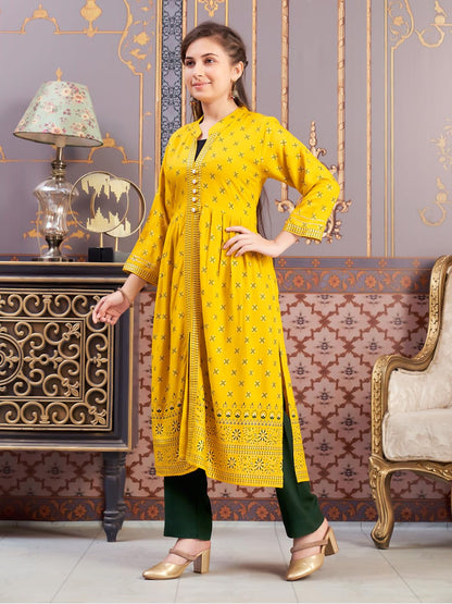 Aarika Girls Ethnic Wear Yellow-Dark Green Colour Foil Print Rayon Kurti Pant Set-8-15 Years (Kp-Sd-5826)