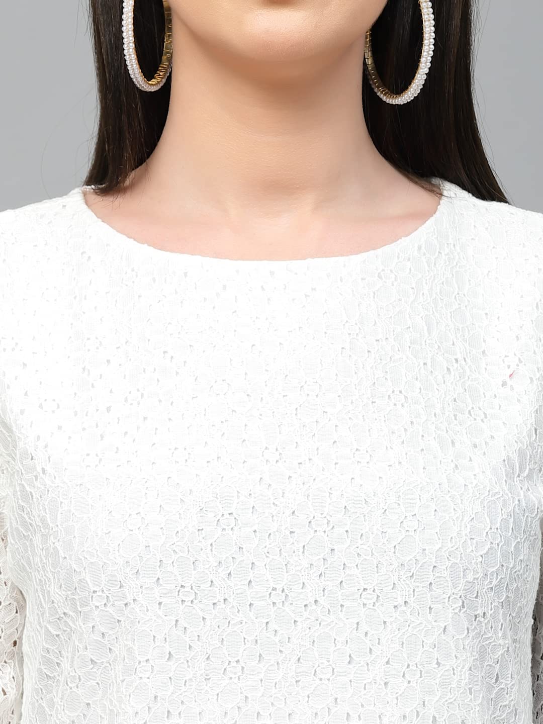 Style Quotient Women White Self Design Floral Lace Regular Smart Casual Tops