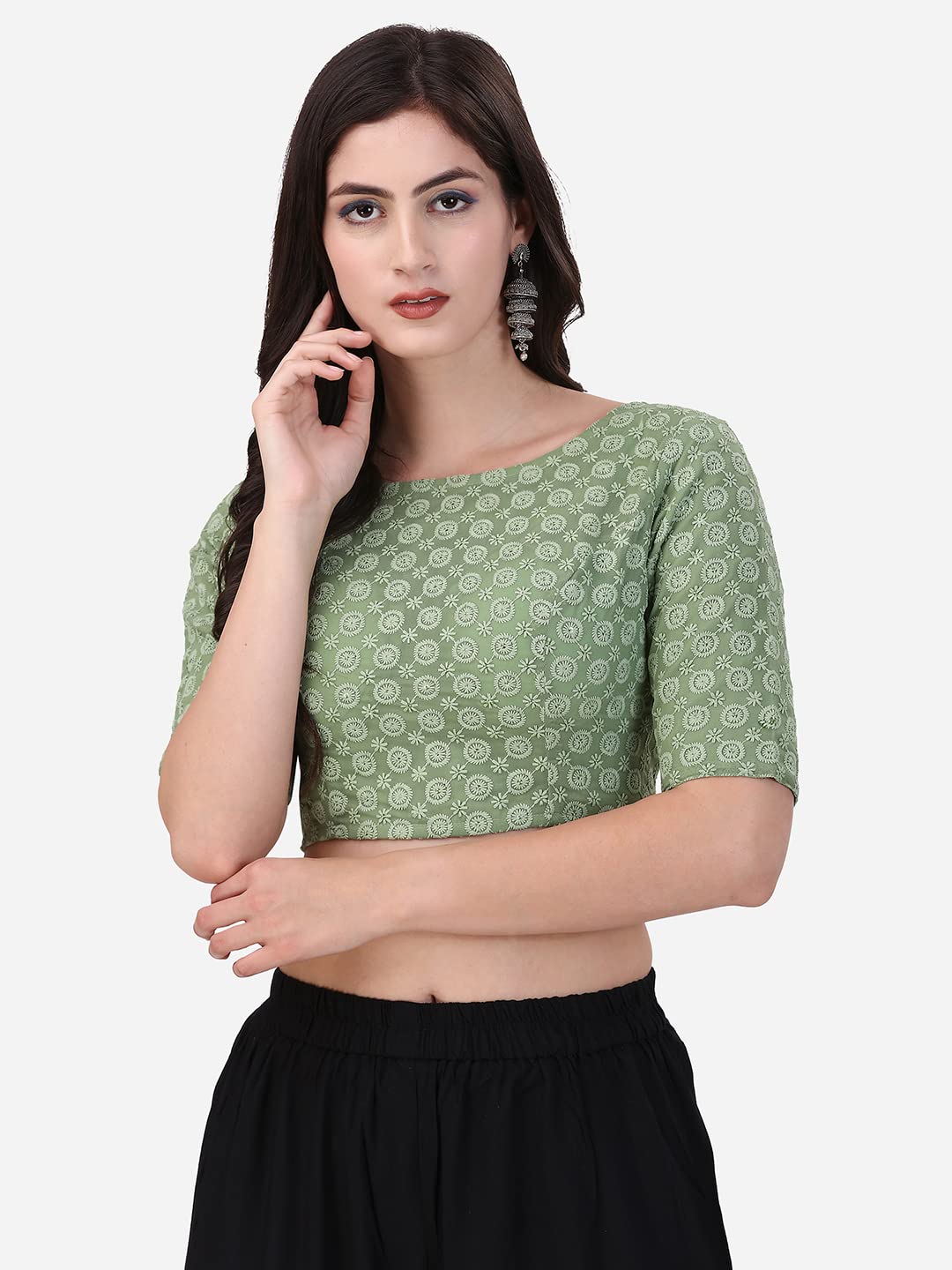 Oomph! Traditional Cotton Schiffli Fabric Blouse For Women |Elbow Length Sleeves | Wedding & Festival Wear | Comfortable & Trend