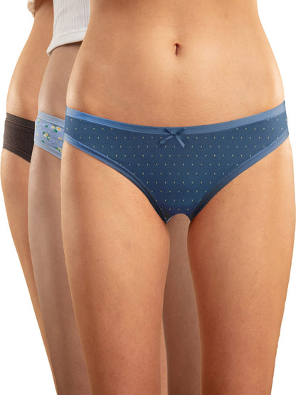 NYKD (NYP030 Assorted (Pack of 3) Low Rise Bikini Panty Underwear for Women | Super Soft, Breathable Cotton with Anti Microbial