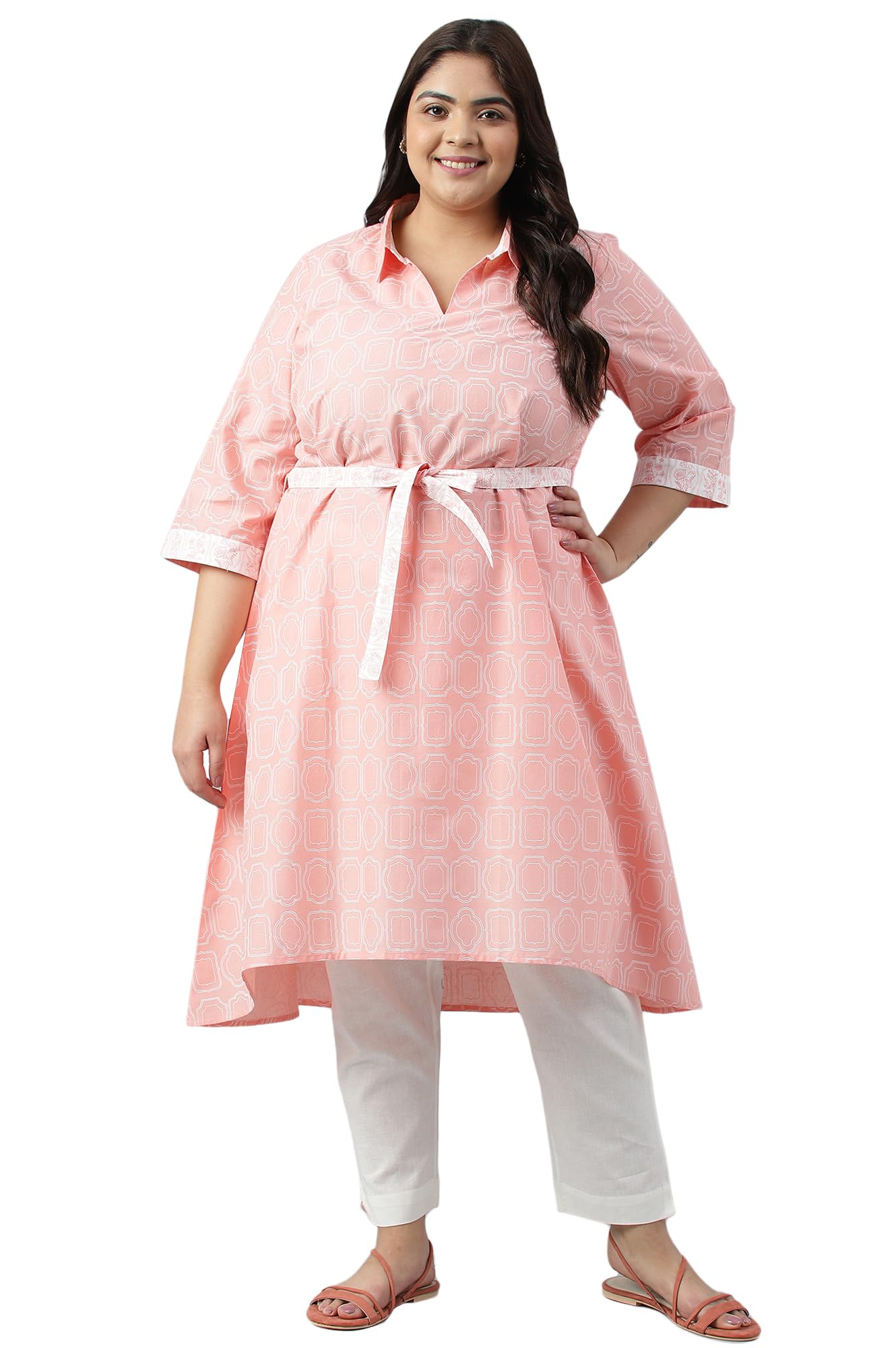 Aurelia Women's Orange Floral Printed Cotton Plus Size Dress With Belt