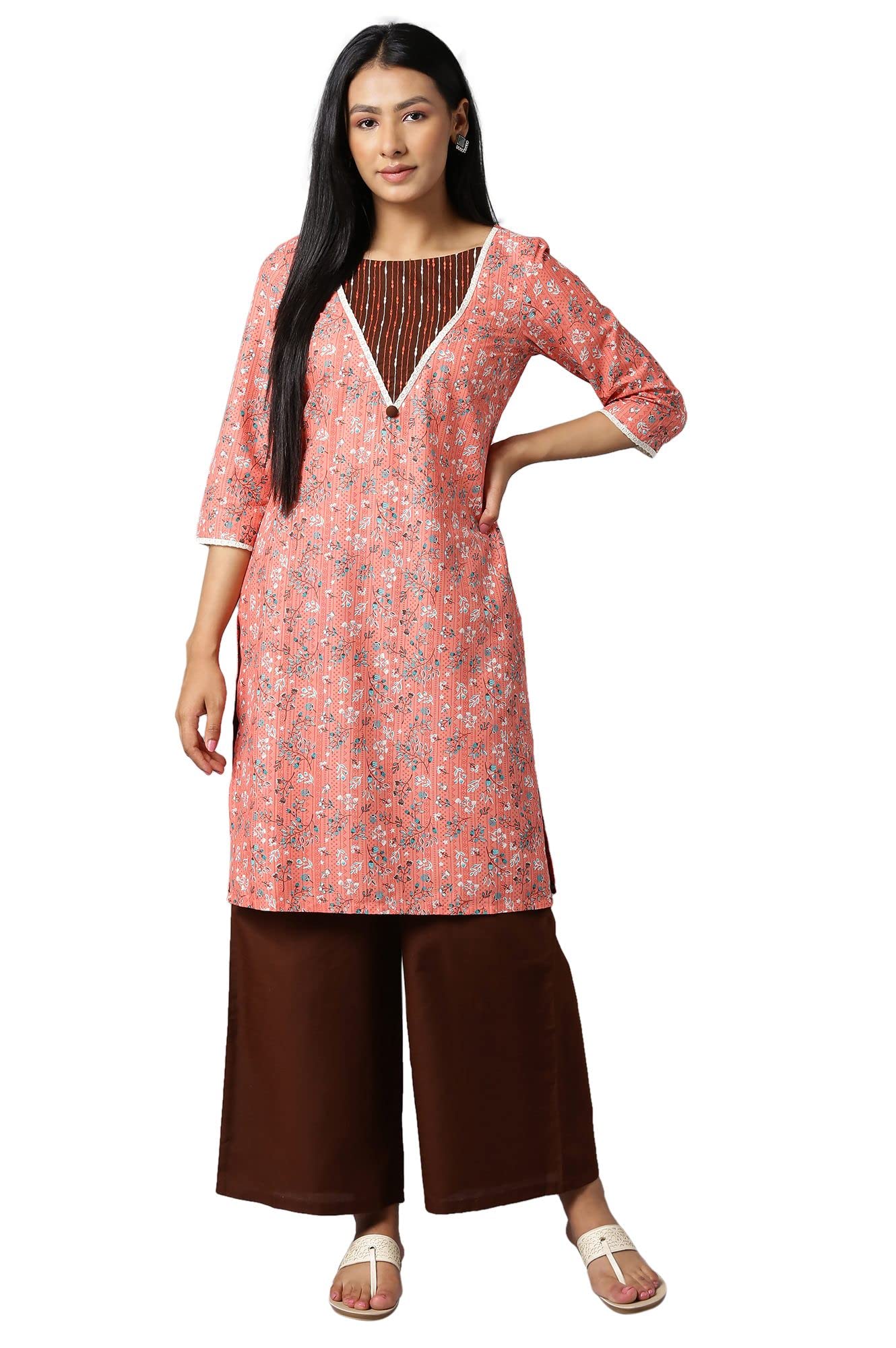 Aure Collection By Aurelia Orange Floral Printed Kurta With Brown Palazzo