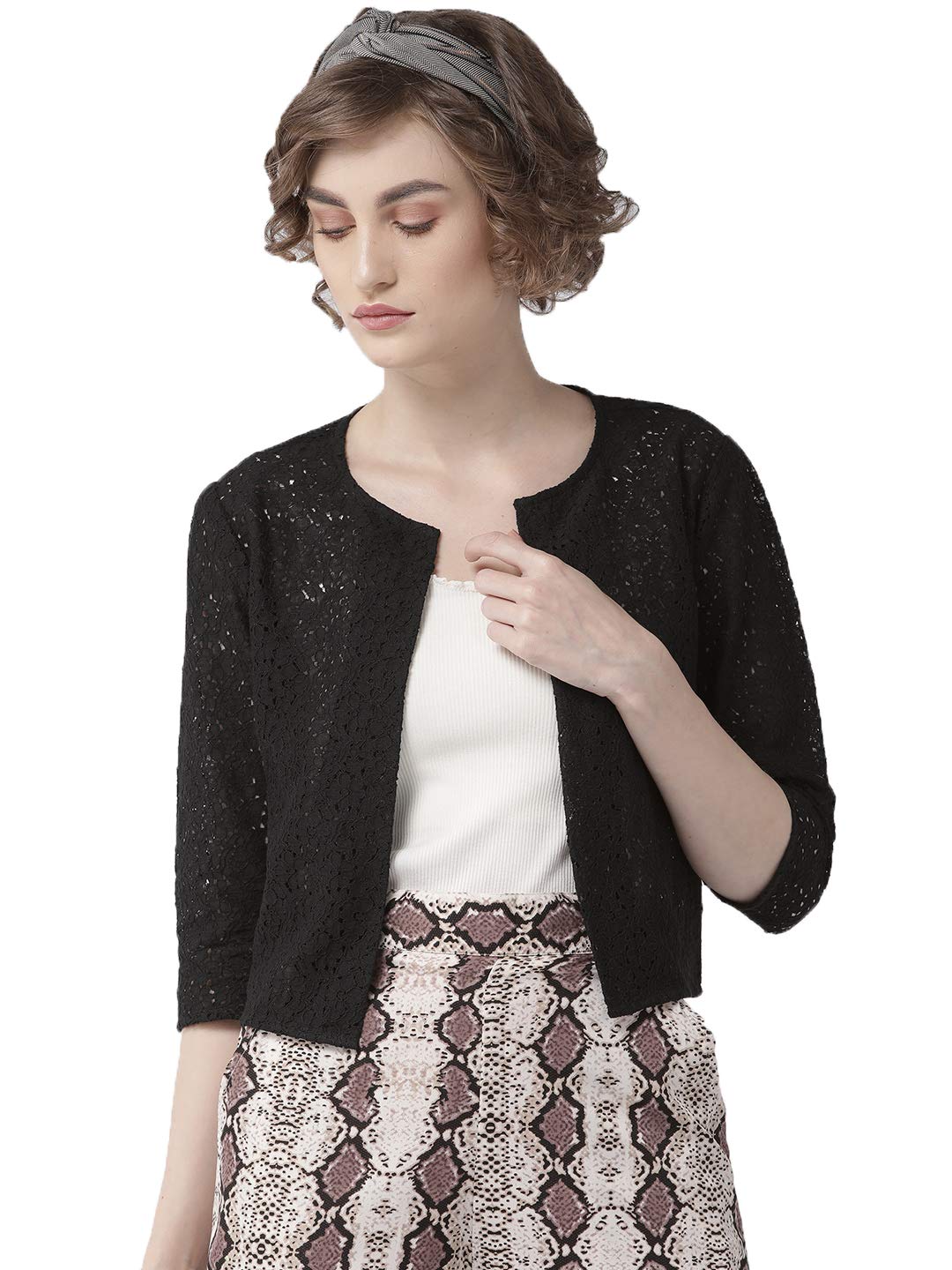 Style Quotient Women Black Self Design Floral lace Regular Open Front Shrug