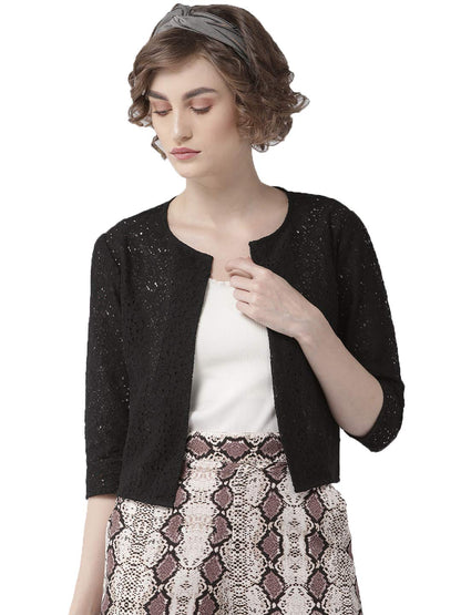 Style Quotient Women Black Self Design Floral lace Regular Open Front Shrug