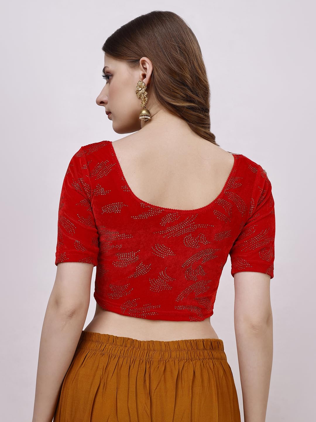 Vihu Fashion WomenS Readymade Hosiery Velvet Lycra Stretchable Round Neck Half Sleeve Blouse Fancy Red Color Lycra Stretchable