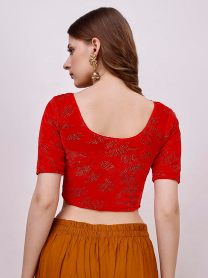 Vihu Fashion WomenS Readymade Hosiery Velvet Lycra Stretchable Round Neck Half Sleeve Blouse Fancy Red Color Lycra Stretchable