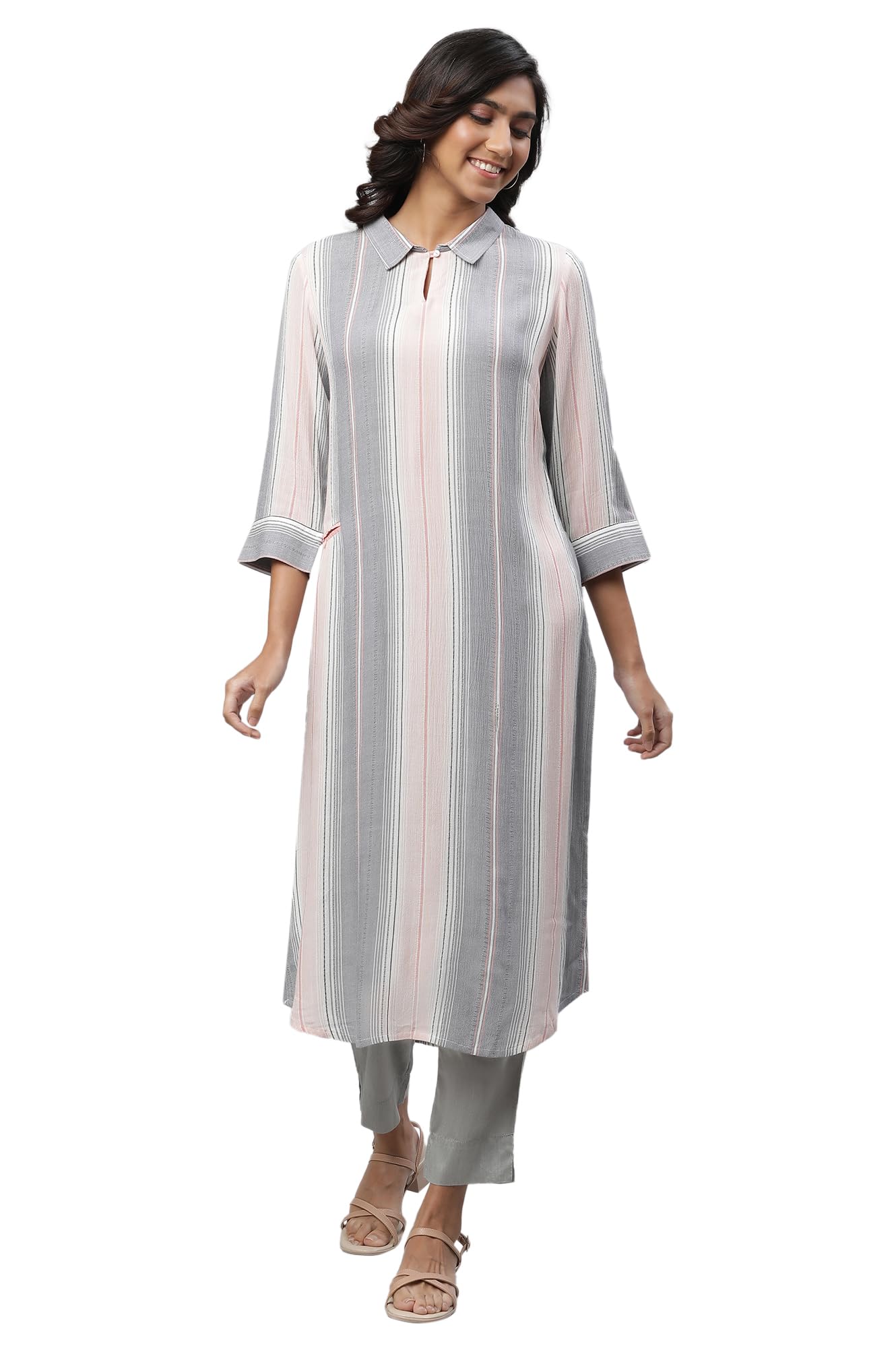 Aurelia Women's Coral Stripes Yarn Dyed Rayon Dobby Crepe Straight Kurta