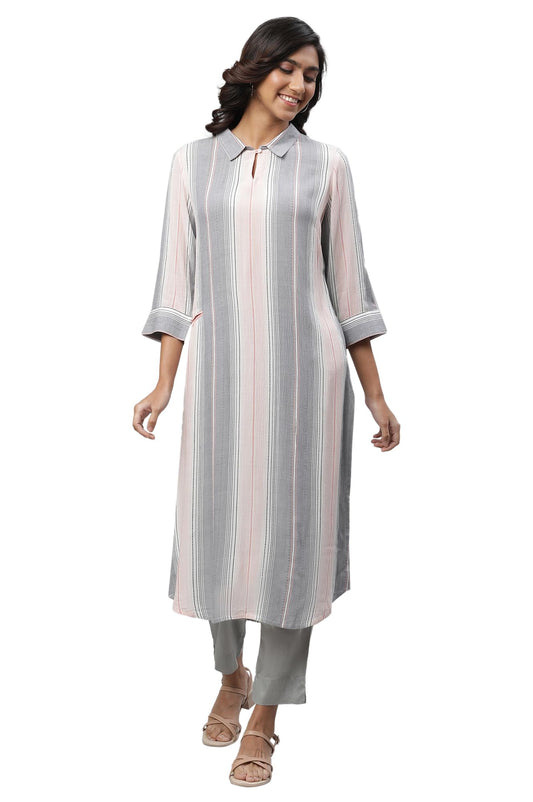 Aurelia Women's Coral Stripes Yarn Dyed Rayon Dobby Crepe Straight Kurta