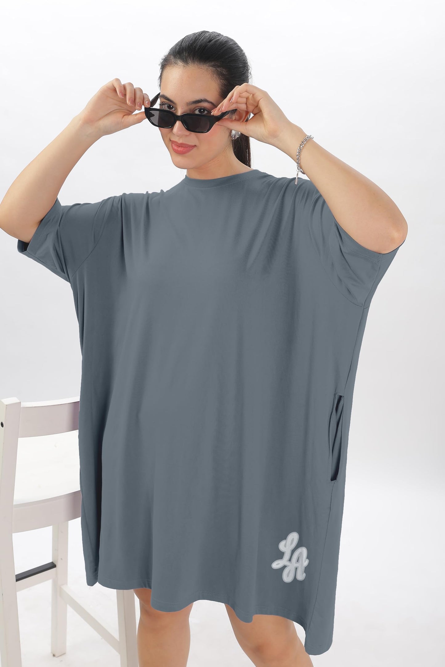 SHODOXWomens Cotton Blend Oversized Drop Shoulder Long T-Shirt with Side Pockets(Pack of 1)