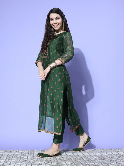 VARANGA Women Green Floral Printed Kurta Paired With Tonal Bottom And Thread Embroidered Dupatta