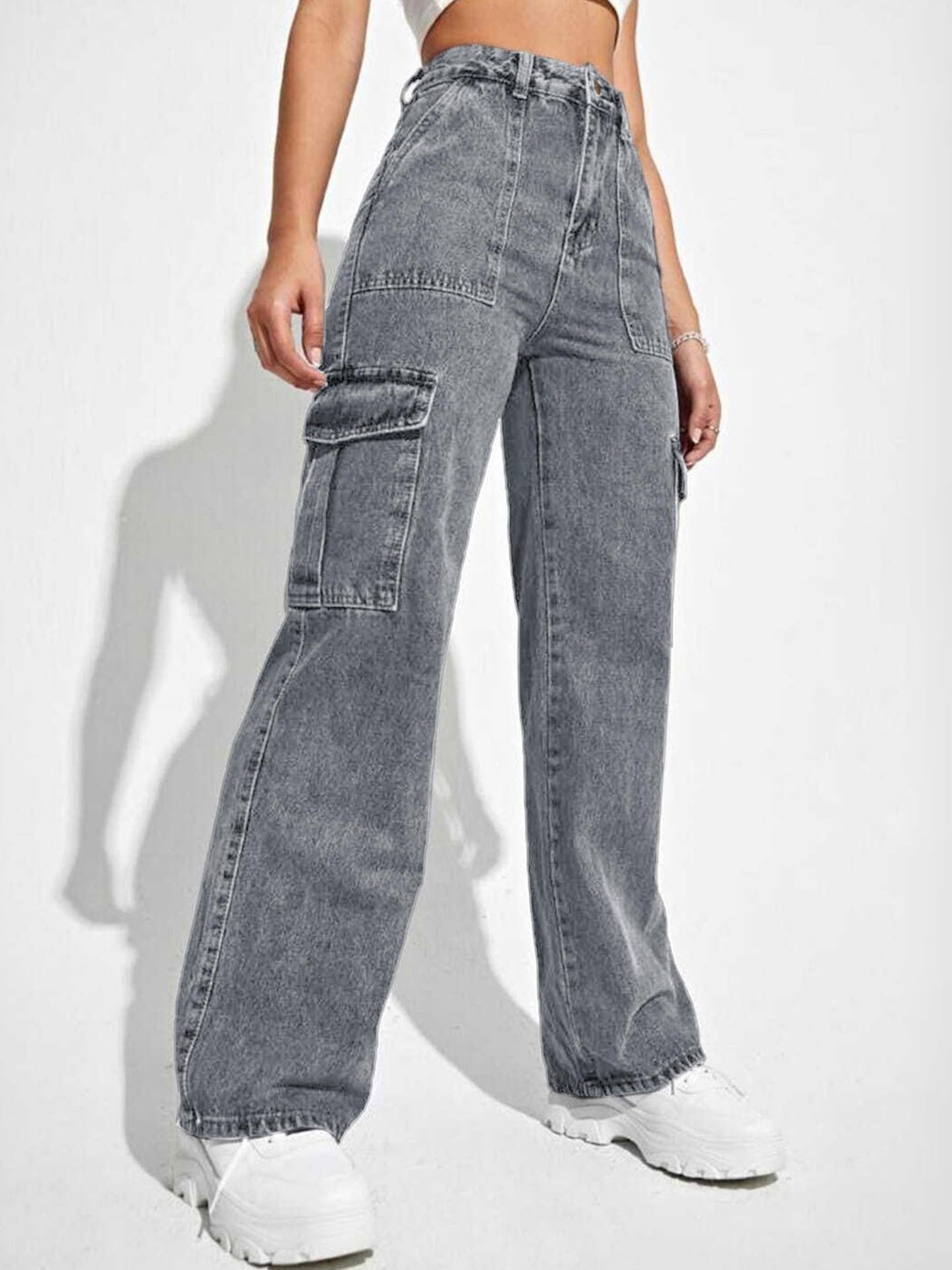 Noble Monk Women Cargo Jeans | High Rise Stretchable Baggy Wide Leg Denim | Boyfriend Jeans For Women
