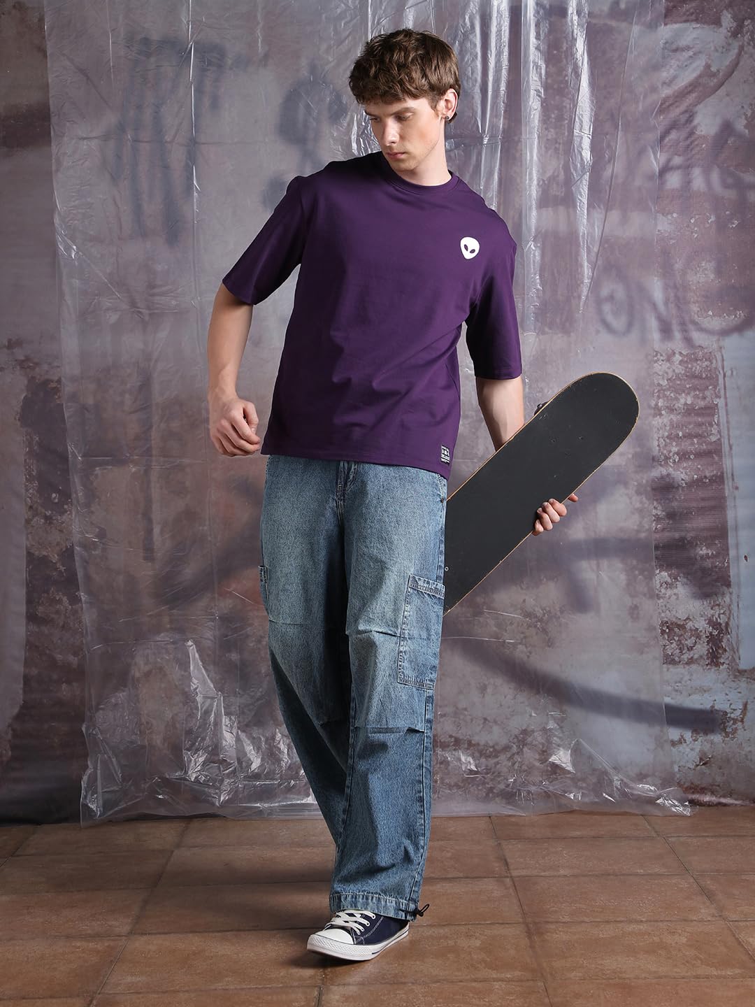 Hubberholme Men Printed Oversized Round Neck Half Sleeves Tshirts 30 Purple