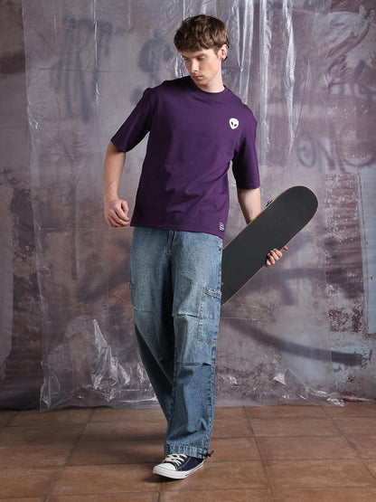 Hubberholme Men Printed Oversized Round Neck Half Sleeves Tshirts 30 Purple