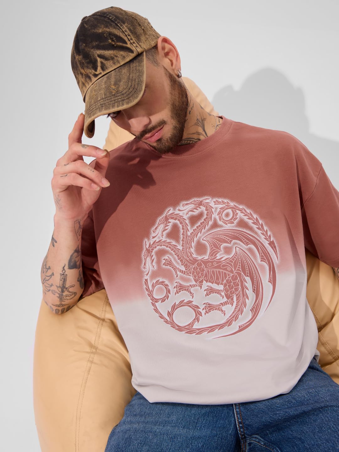 The Souled Store Official House of Dragon: Ombre Logo Oversized T-Shirt for Men Boys Cotton Casual Half Sleeves Baggy Loose Fit