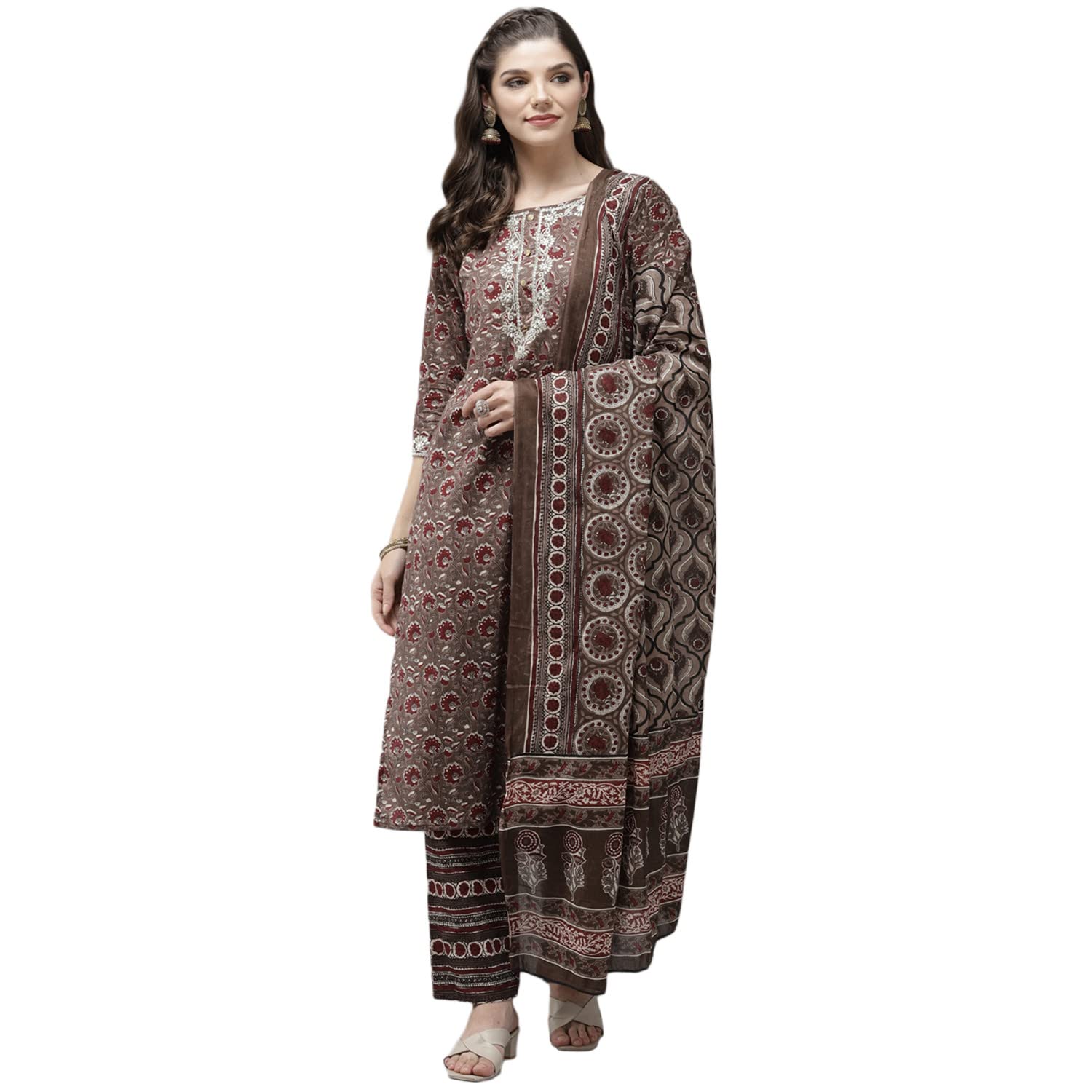 anubhutee Women's Cotton Brown Ethnic Motifs Printed Straight Kurta Suit Set With Pants And Dupatta